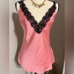 Elegant Pink Chemise with Black Lace Trim